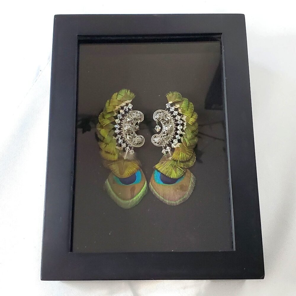 Vintage ASHLOCK Peacock Feather Earrings Art Framed Wall Decor Shadow Box